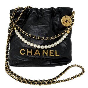 Chanel Mini 23S Black Shiny Calfskin Leather Pearl Strap Gold Hardware